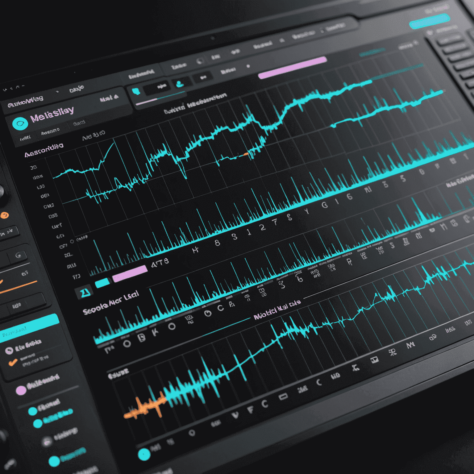 AI-assisted music production software interface showing waveforms and AI-generated melody suggestions
