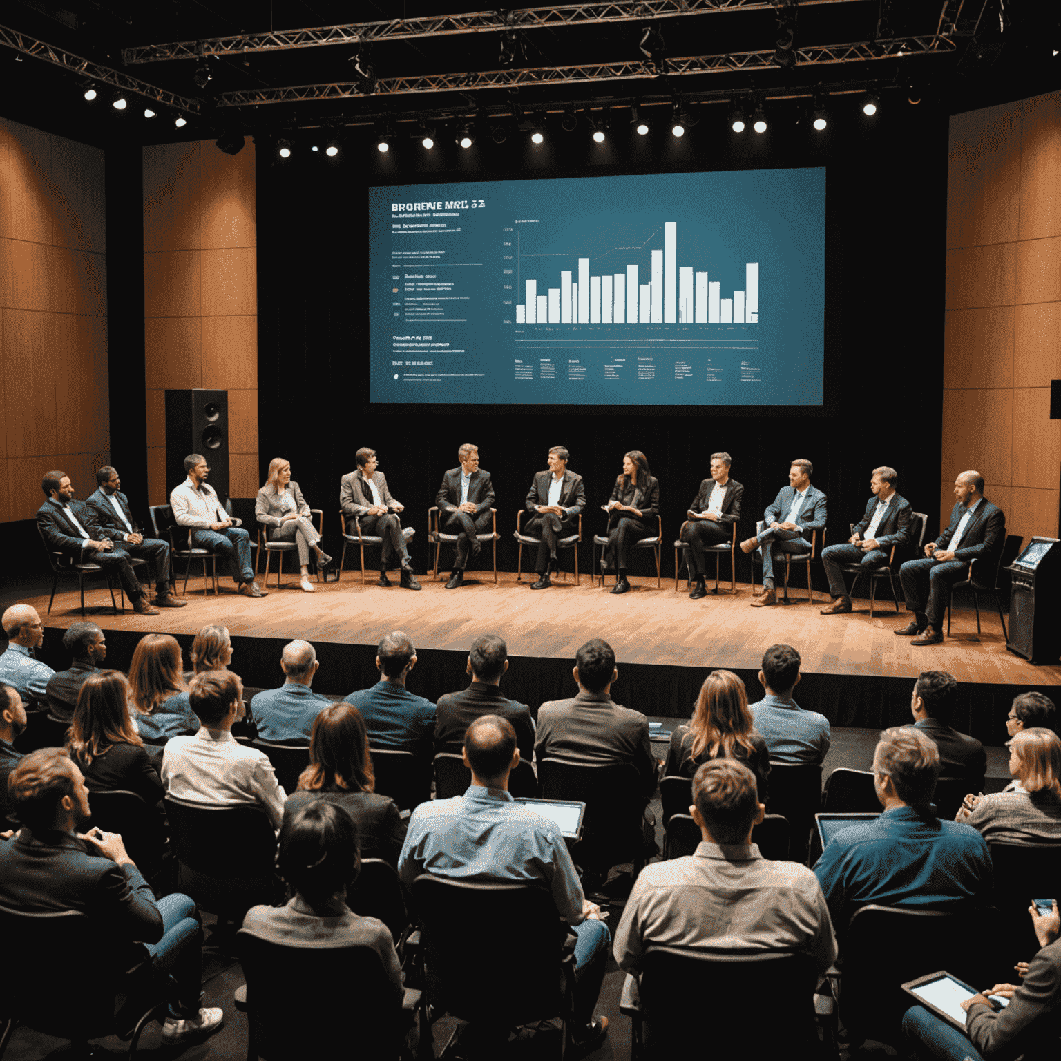 A diverse group of music industry professionals engaged in a panel discussion. The scene shows speakers on stage with a large screen behind them displaying music business statistics and trends. The audience is attentively taking notes and participating in the discussion.
