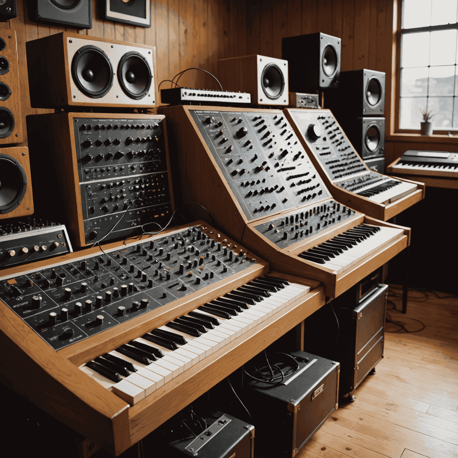 Vintage analog synthesizers and tape machines in a modern recording studio setting