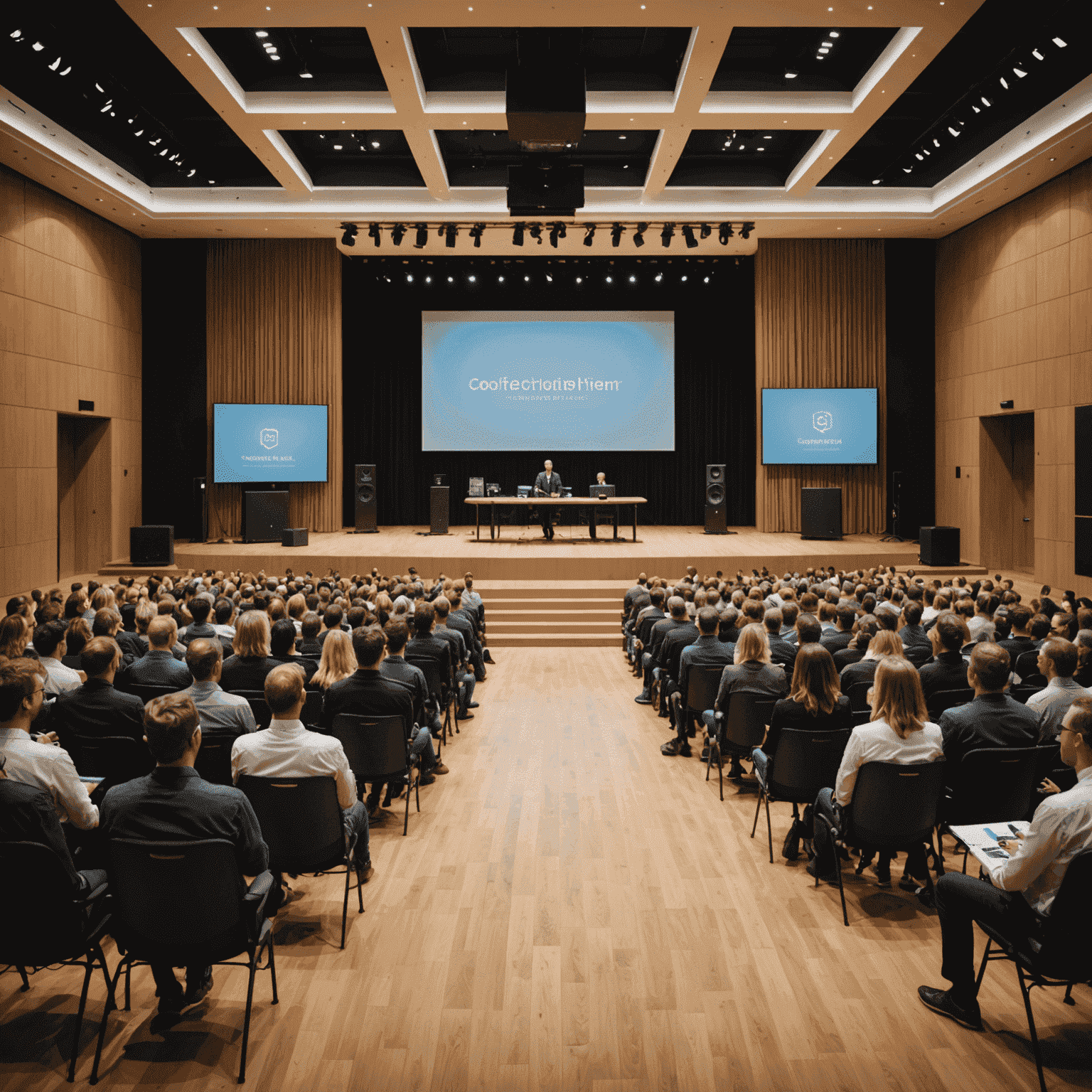 Conference hall with a stage and audience, showcasing various music production equipment and speakers presenting to a crowd of attentive professionals