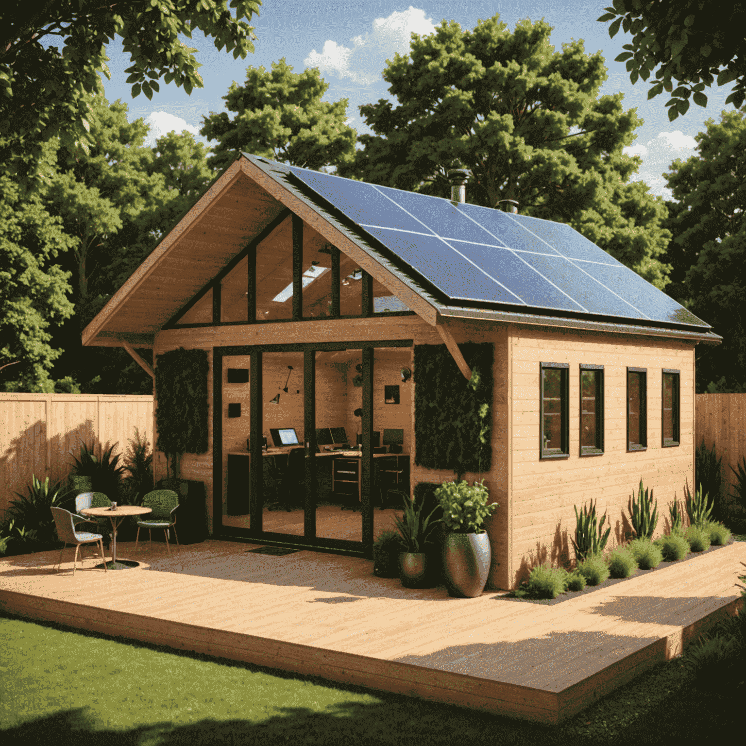 Eco-friendly recording studio with solar panels and sustainable materials